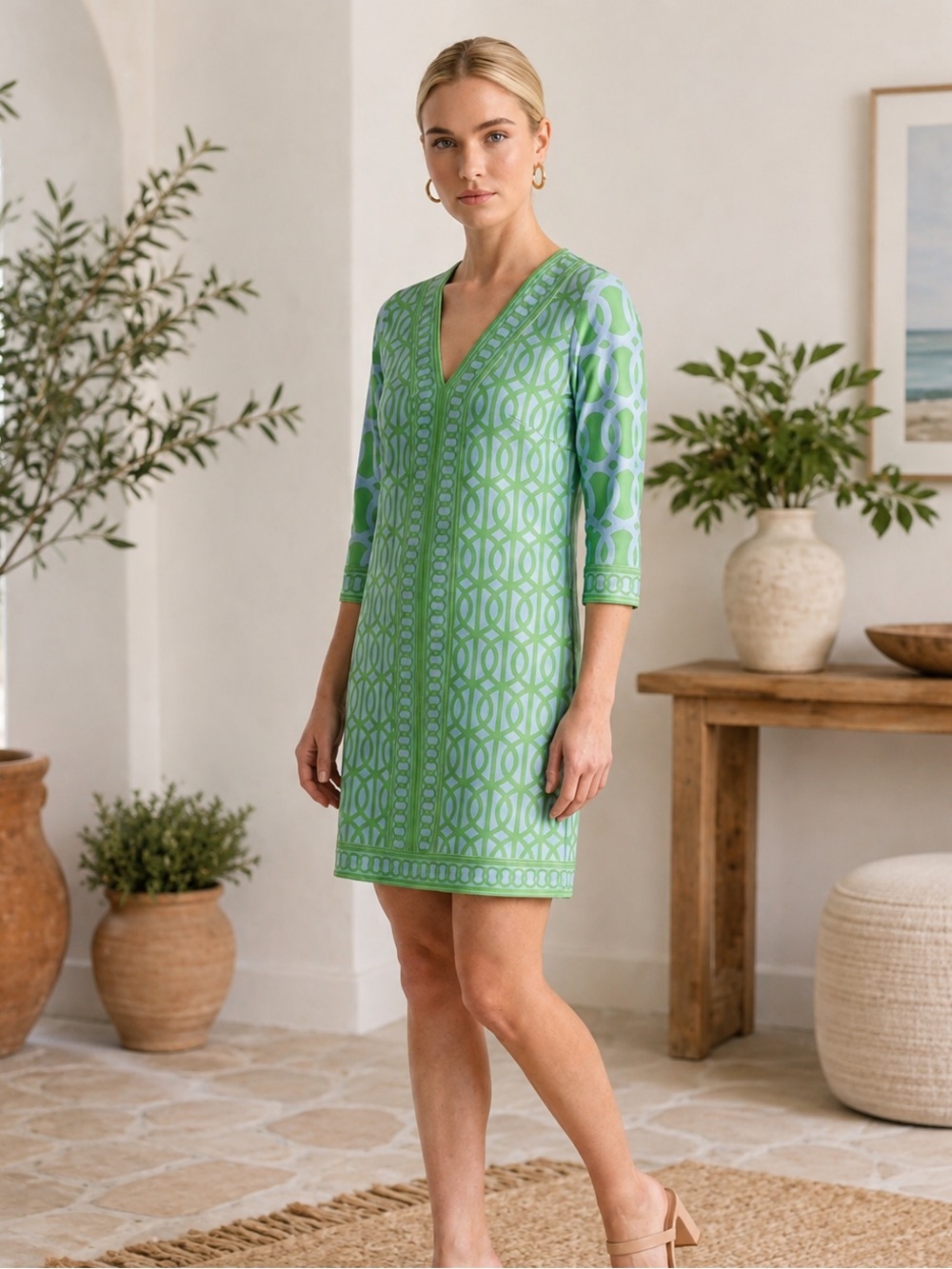 Gretchen Scott Printed Jersey Shift Dress Blue Green V-Neck Size Small